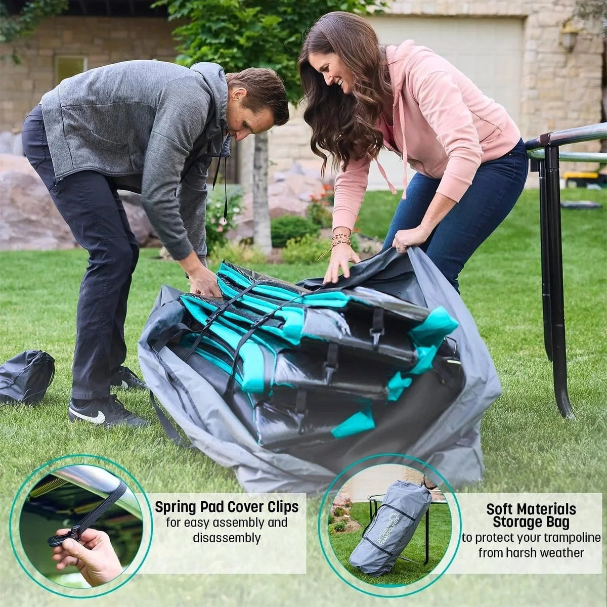 Casavibeo Skywalker Trampolines rectangle trampoline with safety enclosure, outdoor jumping surface and sturdy frame.