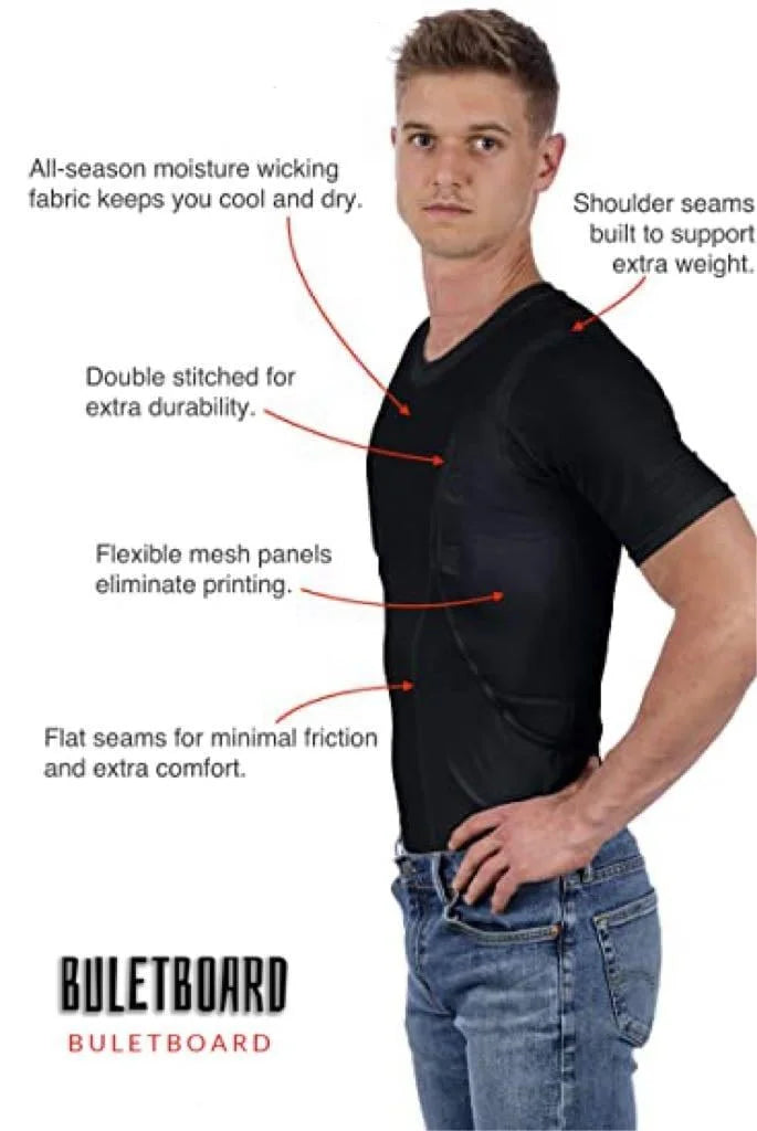 Belro concealed leather holster T-shirt for men and women, designed for automotive use, with discreet storage pockets in the image.