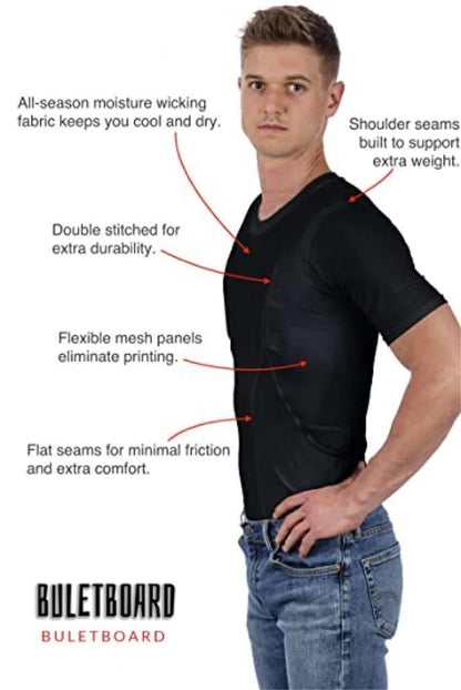 Belro concealed leather holster T-shirt for men and women, designed for automotive use, with discreet storage pockets in the image.