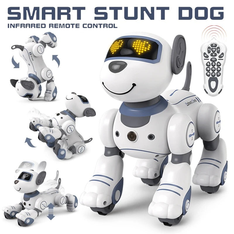 Belro Robot Dog Toy lying on a white surface, showcasing a realistic design with detailed features and movable limbs.