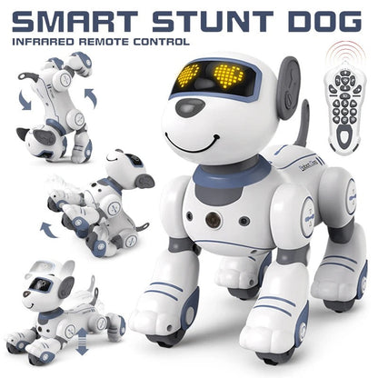 Belro Robot Dog Toy lying on a white surface, showcasing a realistic design with detailed features and movable limbs.