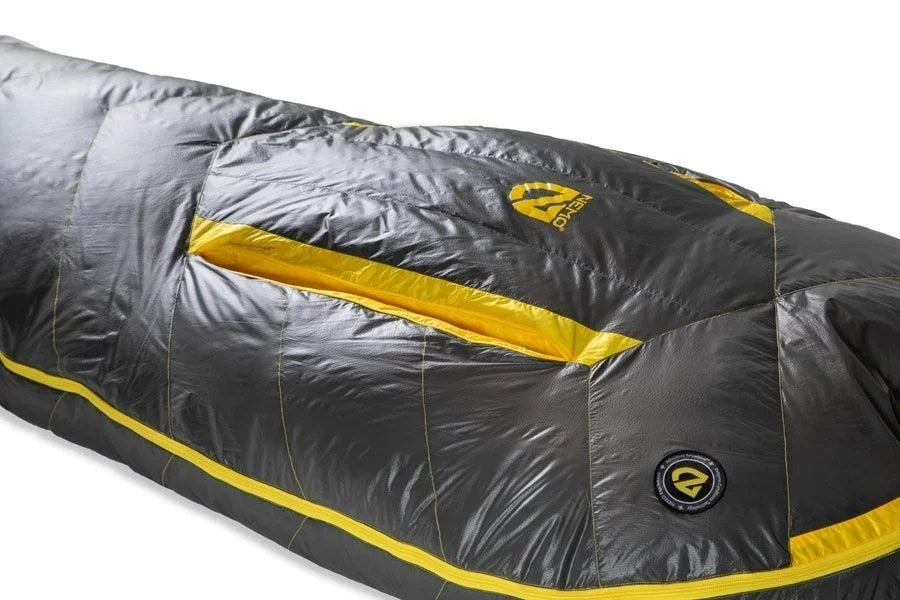 Casavibeo NEMO Sonic sleeping bag laid out, showcasing its lightweight, insulated design ideal for camping and outdoor adventures.