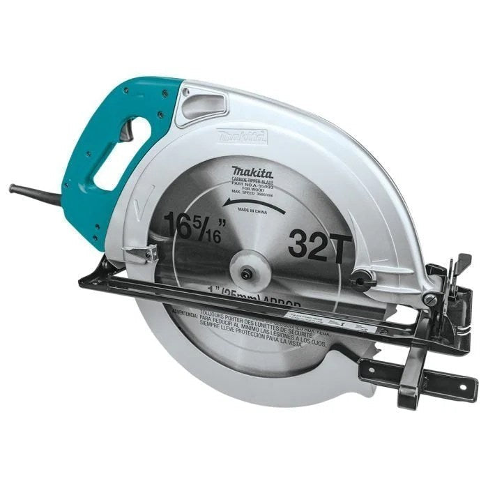 Makita 5402NA circular saw with silver metal blade guard, handle, and 16-5/16 inch blade, against a plain background.