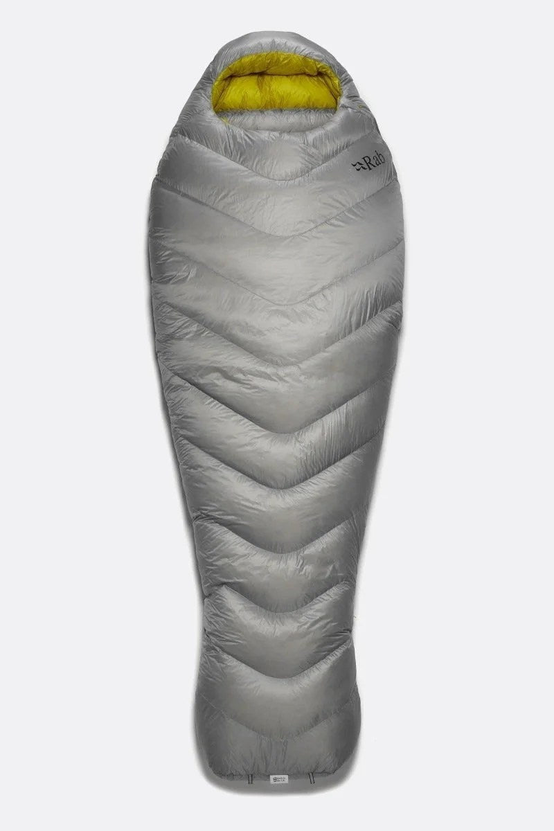 Casavibeo Rab Mythic 600 Down Sleeping Bag shown from different angles, highlighting its lightweight, insulated design for outdoor camping.