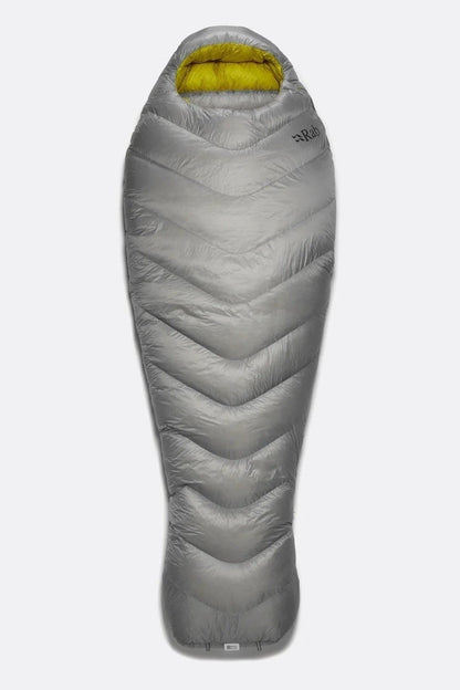 Casavibeo Rab Mythic 600 Down Sleeping Bag shown from different angles, highlighting its lightweight, insulated design for outdoor camping.