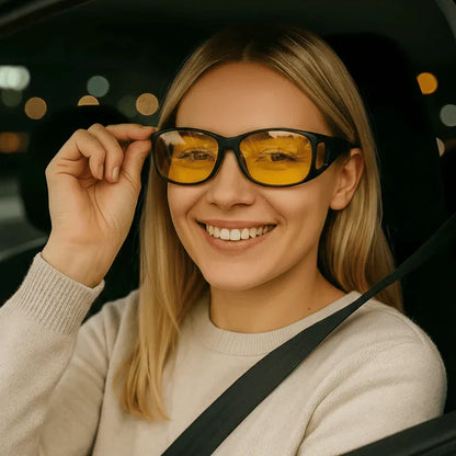 Mivoza night driving over-glasses with yellow anti-glare lenses, scratch-resistant, designed for improved night vision and glare reduction.