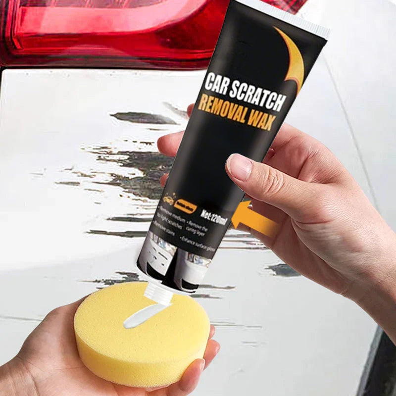 Mivoza car scratch remover paste on a car surface, showing easy application for fast scratch removal in home car care.