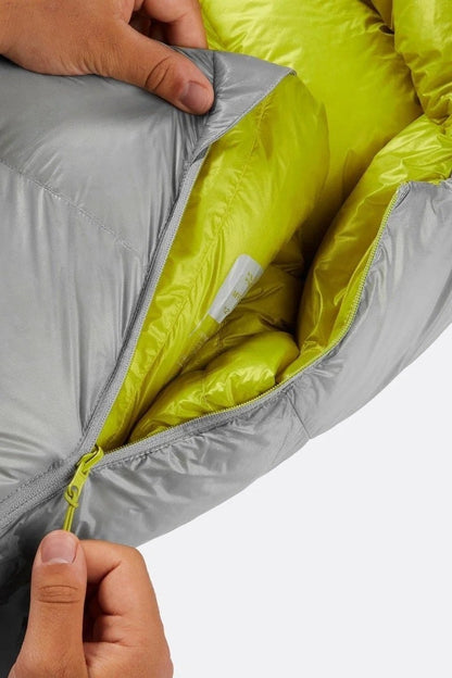 Casavibeo Rab Mythic 600 Down Sleeping Bag laid open, showing its lightweight design and insulated interior for outdoor camping.