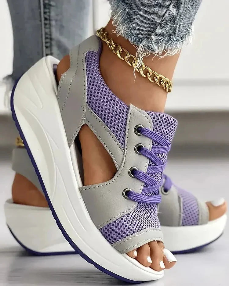 Belro contrast paneled cutout lace-up muffin sandals with open toes and chunky sole, stylish footwear for casual wear.