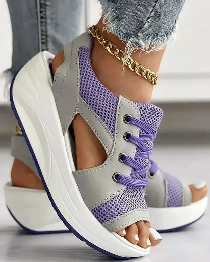 Belro contrast paneled cutout lace-up muffin sandals with open toes and chunky sole, stylish footwear for casual wear.