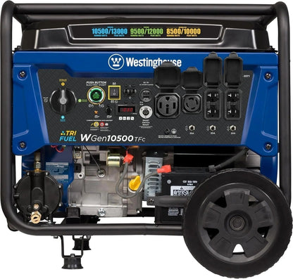 Casavibeo Westinghouse 13,500W dual fuel portable generator with handles and control panel, ready for outdoor power needs.