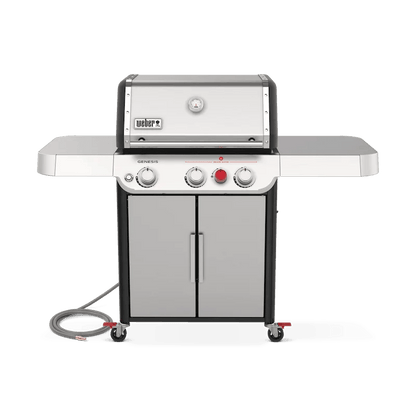 Casavibeo Weber Genesis S-325s gas grill with stainless steel lid, side shelves, and multiple burners for outdoor cooking.