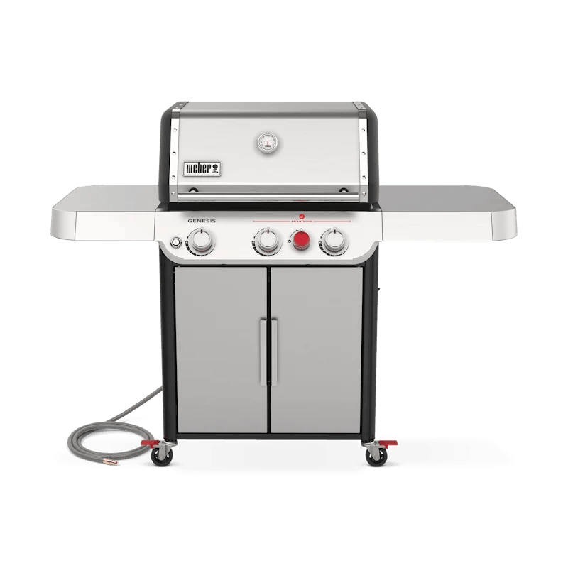 Casavibeo Weber Genesis S-325s gas grill with stainless steel lid and multiple burners, ready for outdoor cooking.