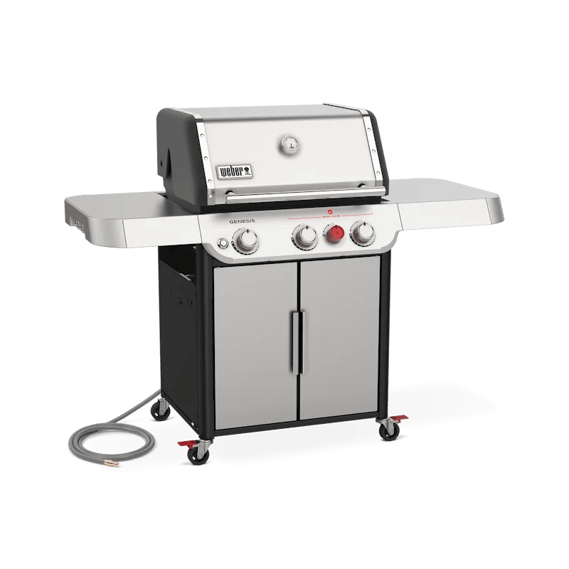 Casavibeo Weber Genesis S-325s gas grill with four burners, stainless steel lid, side shelves, and cooking grates visible in the image.