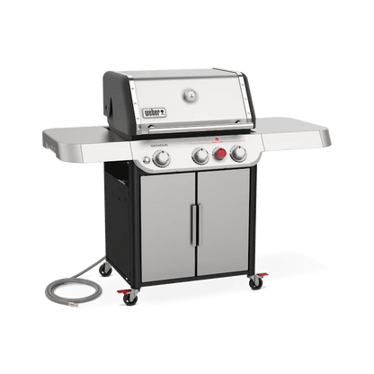 Casavibeo Weber Genesis S-325s gas grill with four burners, stainless steel lid, side shelves, and cooking grates visible in the image.