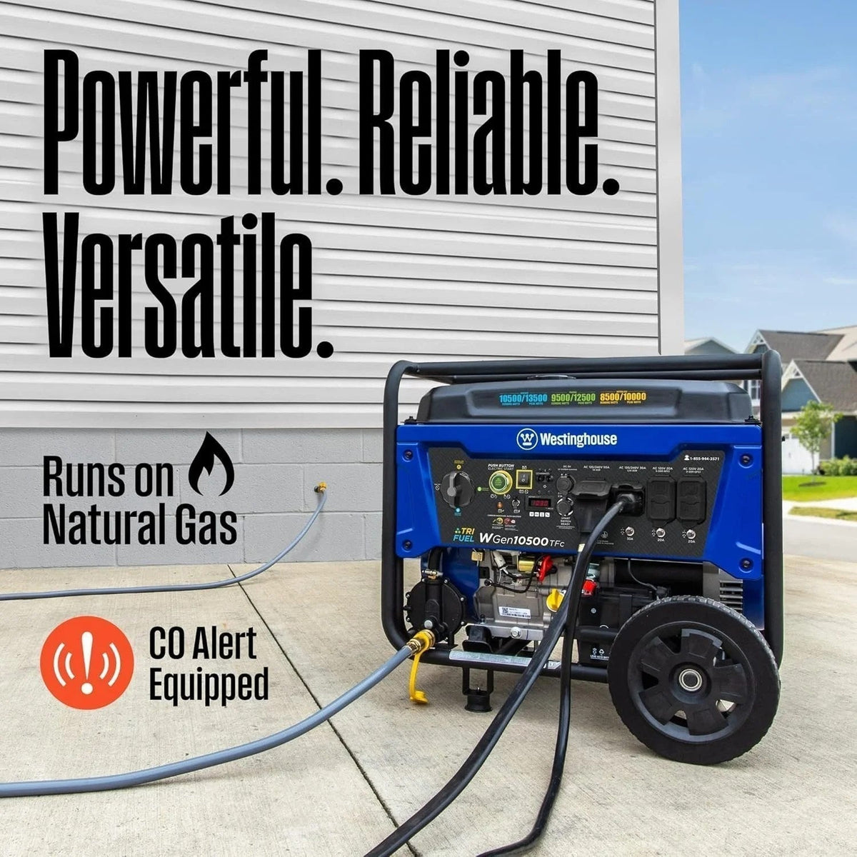 Casavibeo Westinghouse 13,500 Watt dual fuel portable generator with digital display and sturdy handle, ideal for outdoor power needs.