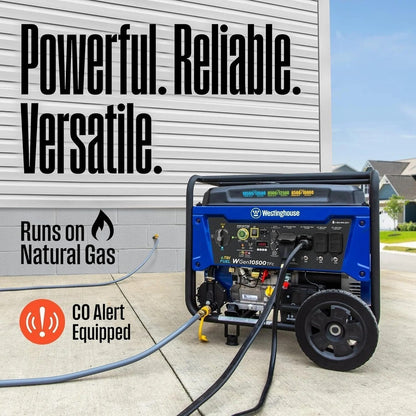 Casavibeo Westinghouse 13,500 Watt dual fuel portable generator with digital display and sturdy handle, ideal for outdoor power needs.