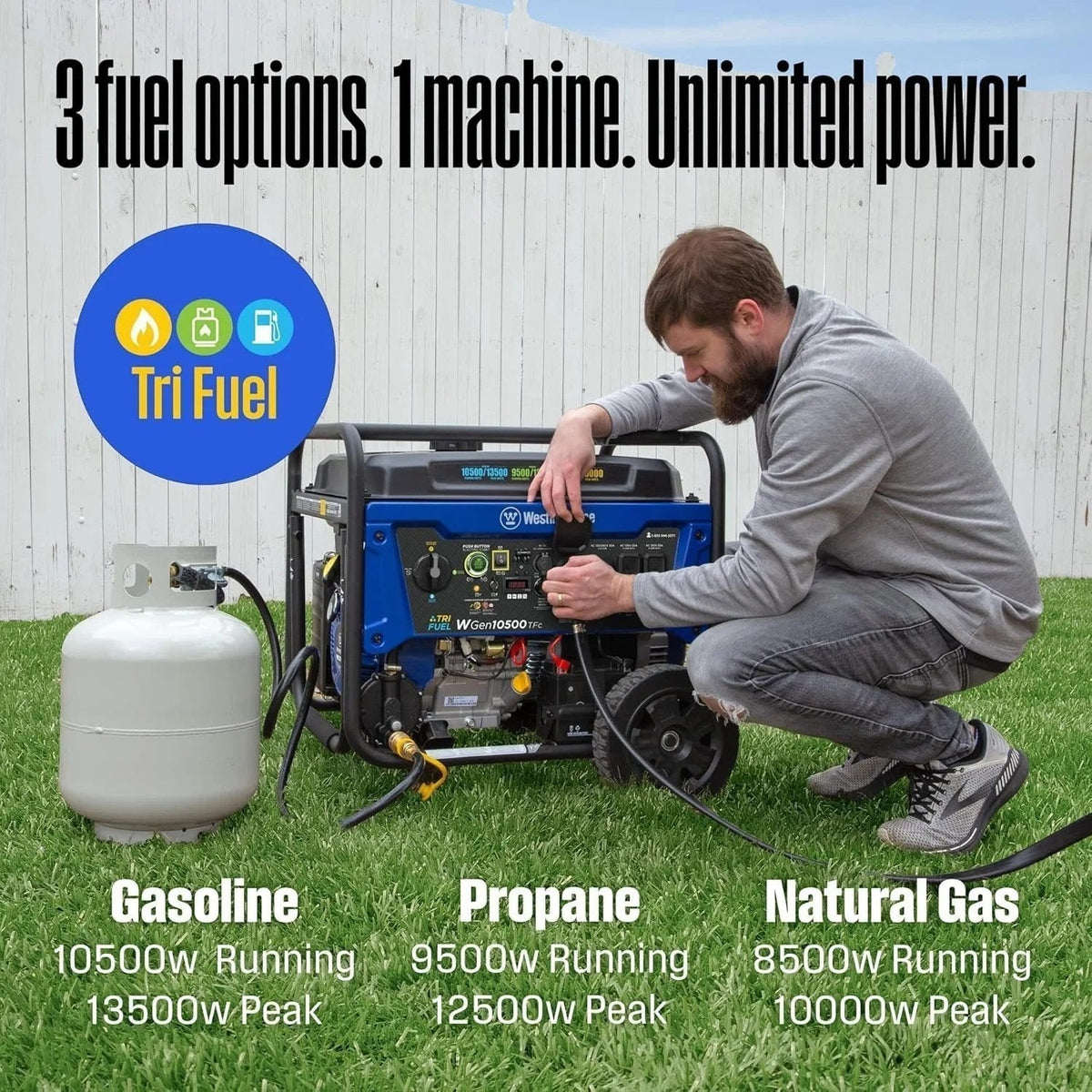 Westinghouse 13,500 peak watt dual fuel portable generator with casavibeo branding, showing control panel and fuel tanks.