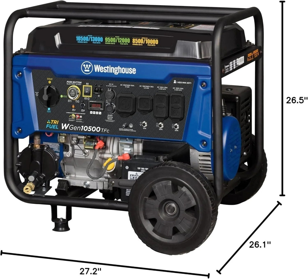 Westinghouse 13,500 peak watt dual fuel portable generator with handles and control panel, ready for outdoor use.