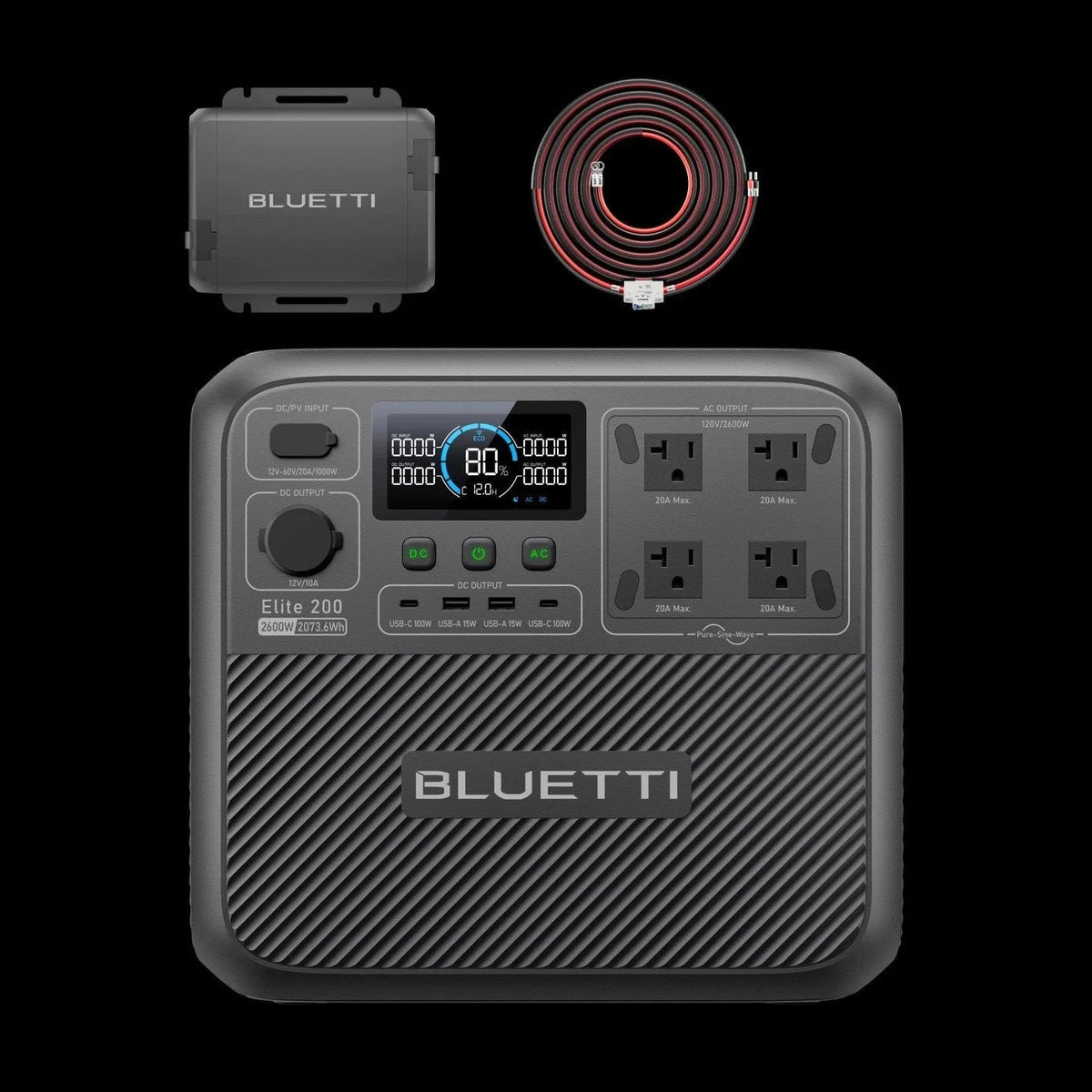 Casavibeo BLUETTI Elite 200 V2 portable power station with charger, featuring multiple outlets and compact design for portable energy.