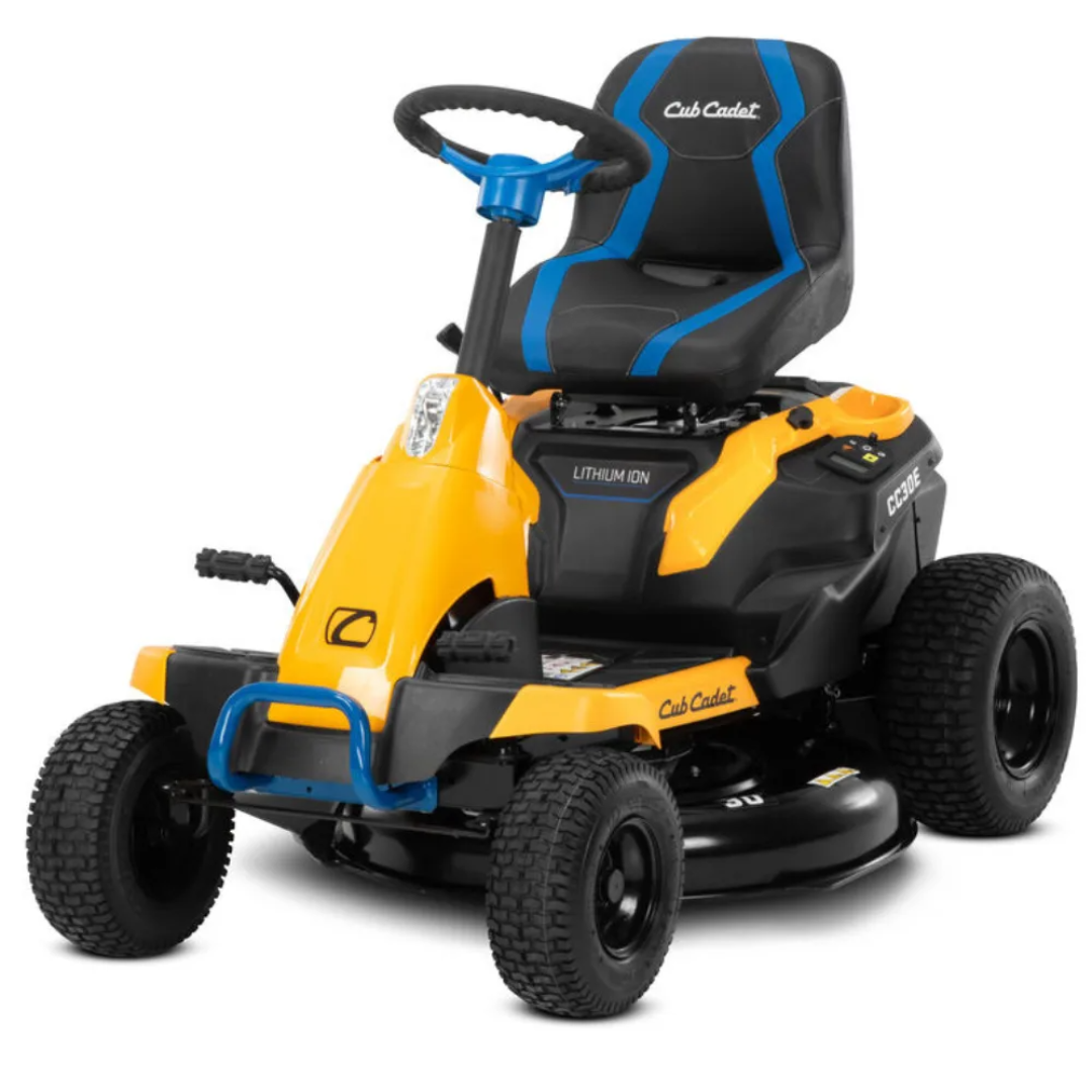 Casavibeo Cub Cadet CC30E riding lawn mower with black and red design, featuring a seat and cutting deck for yard maintenance.