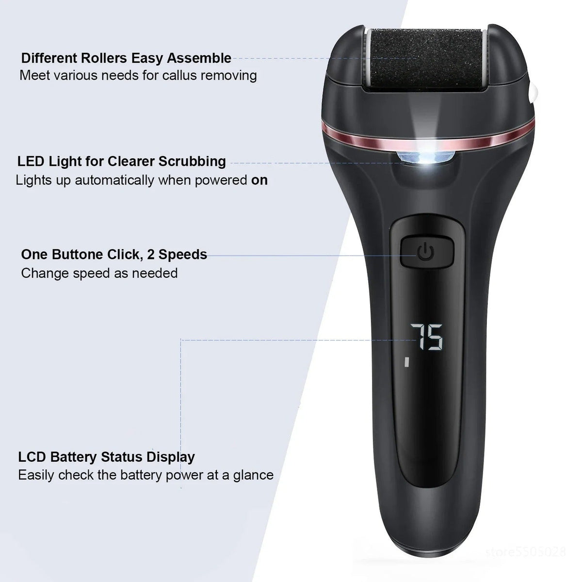 Belro electric callus remover for smooth, soft feet in health and beauty skin care. Battery-operated device with rotating heads.