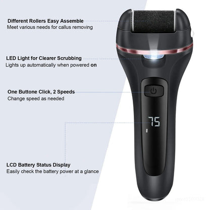Belro electric callus remover for smooth, soft feet in health and beauty skin care. Battery-operated device with rotating heads.