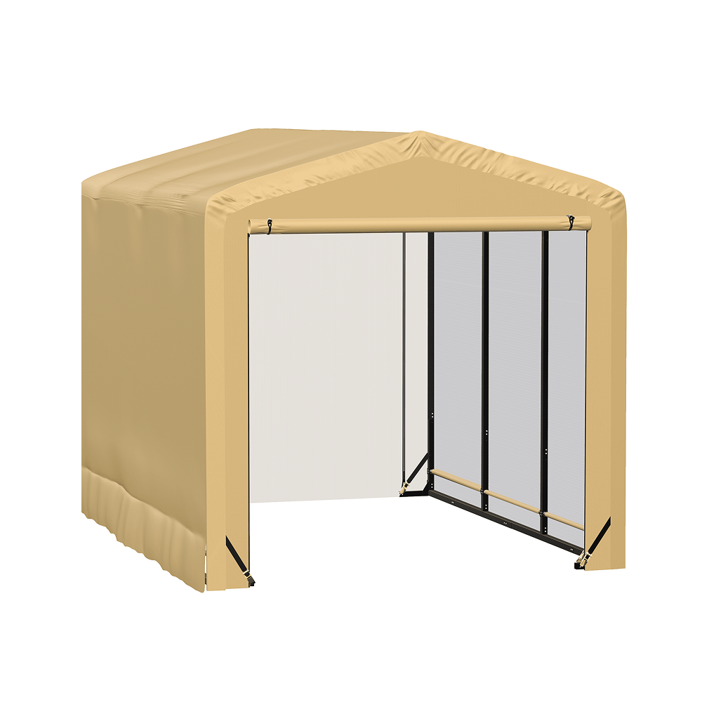 Tan ShelterTube garage with 10x14x8 dimensions, wind and snow-load rated, by Casavibeo, shown in the image.