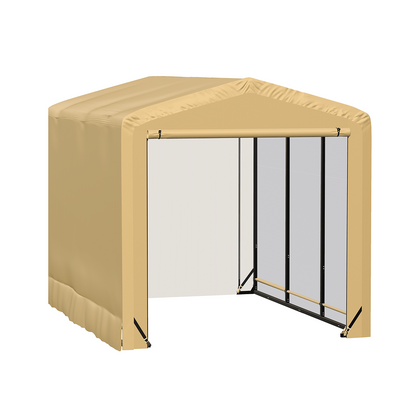 Tan ShelterTube garage with 10x14x8 dimensions, wind and snow-load rated, by Casavibeo, shown in the image.