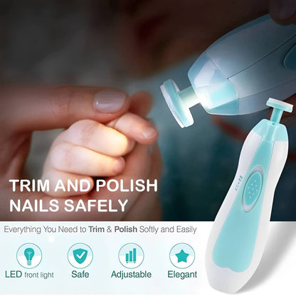 Baby nail trimmer from Belro for kids, showing the electric device with a safety guard and ergonomic design for gentle nail trimming.