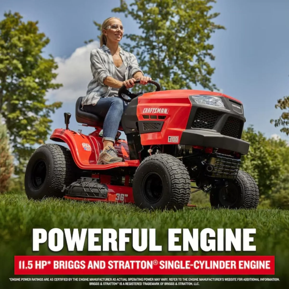 Casavibeo Craftsman T100 36-inch riding lawn mower with 11.5 HP engine, featuring a cutting deck and comfortable seat.