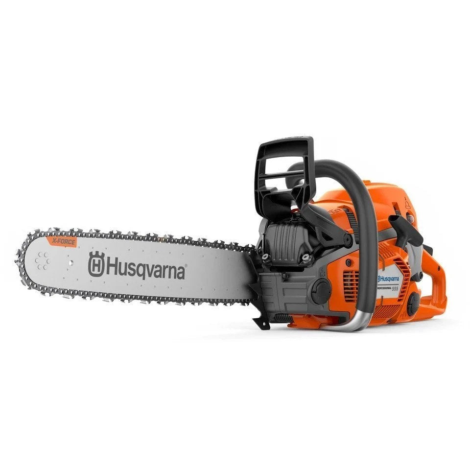 Husqvarna 555 chainsaw with a silver body, black handle, and sharp cutting chain ready for forestry work