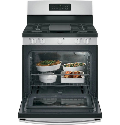 GE 30-inch freestanding gas range by Casavibeo with four burners and oven, stainless steel finish, and control knobs.