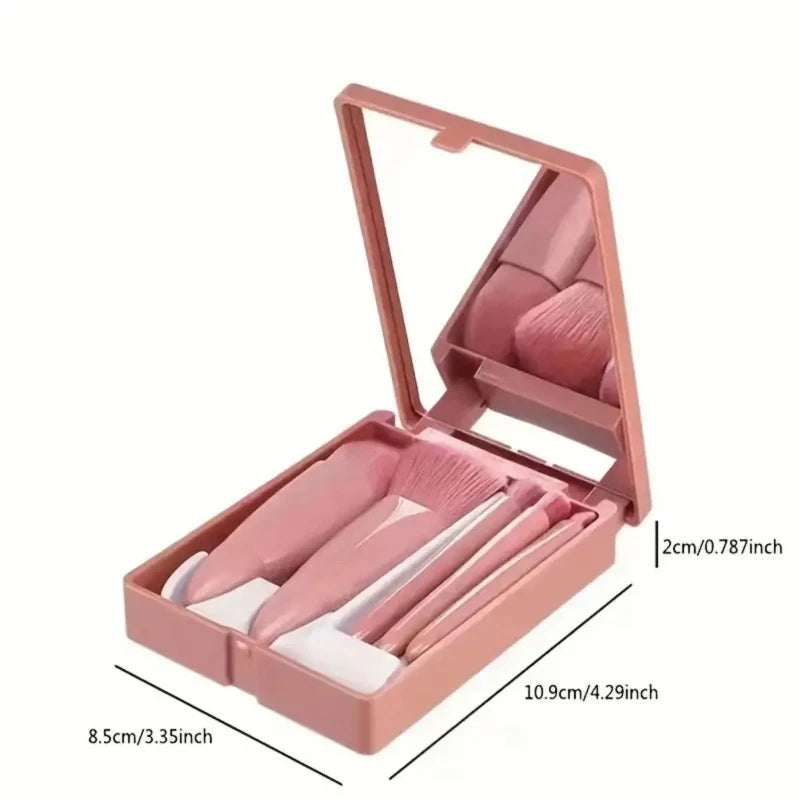 Belro mini makeup brush set with mirror, featuring three small brushes and a compact mirror for on-the-go beauty application.