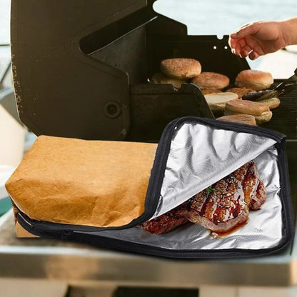 Belro insulated BBQ meat resting blanket bag with handle, designed for keeping meat warm and easy to carry during outdoor grilling.