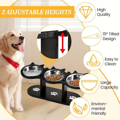 Elevated Belro cat bowl with three stainless steel dishes for feeding and watering pets, set on a raised stand.