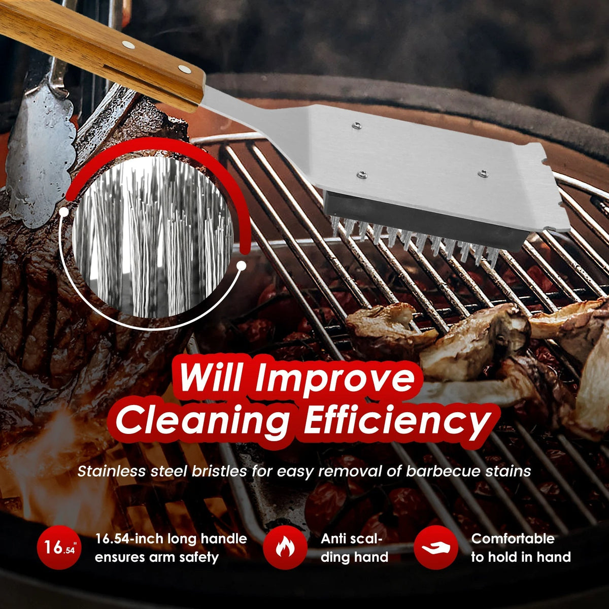 Belro long handle barbecue grill brush with scraper for cleaning grill grates, suitable for outdoor kitchen and barbecue use.