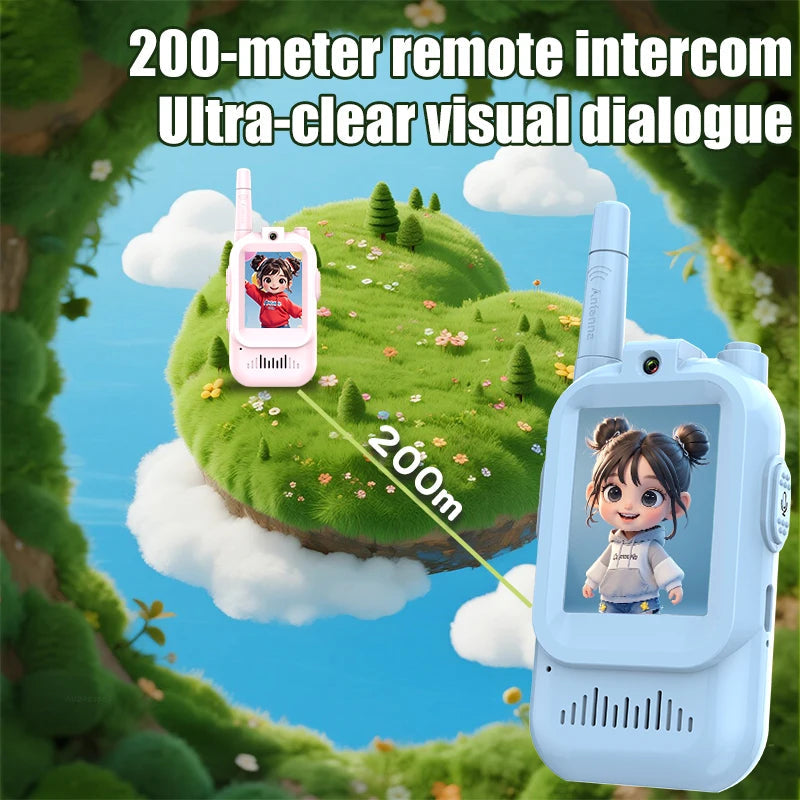 Childrens Belro 2 Pack Video Walkie Talkies for kids, compact electronic audio devices with colorful designs and push-to-talk buttons.
