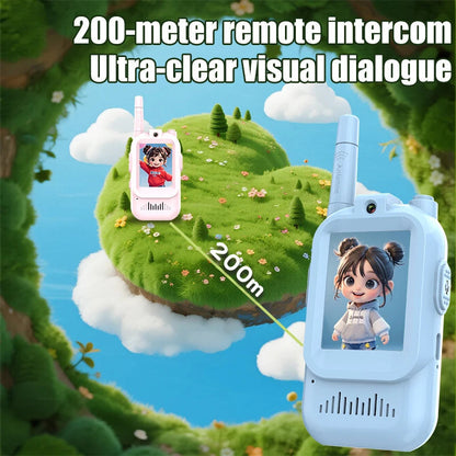 Childrens Belro 2 Pack Video Walkie Talkies for kids, compact electronic audio devices with colorful designs and push-to-talk buttons.