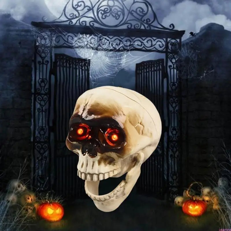 Belro animated Halloween skeleton head with flashing eyes, wearable men’s costume accessory for spooky costumes.