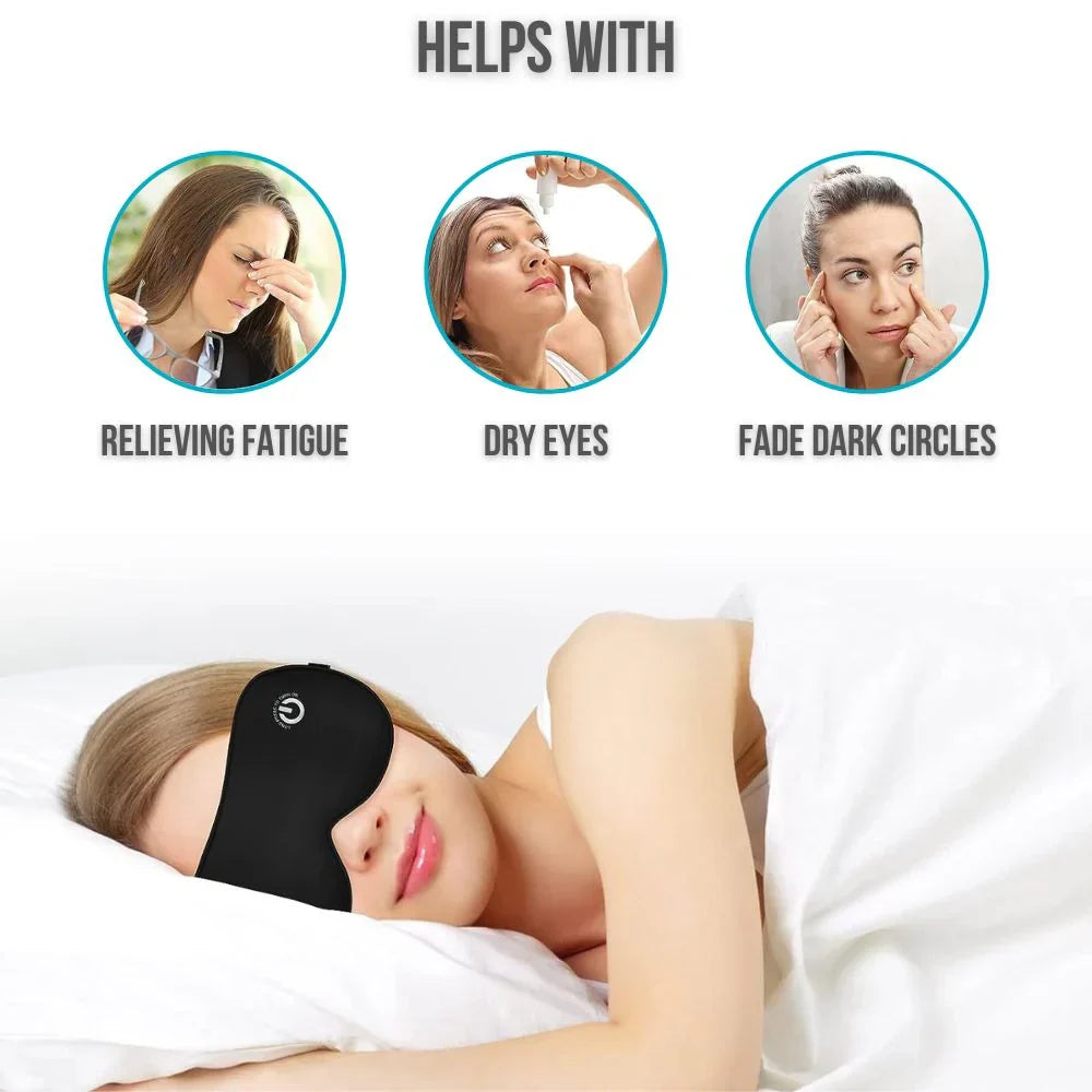 Belro rechargeable heated eye mask with adjustable strap, soft fabric for soothing relief in health and beauty care images.