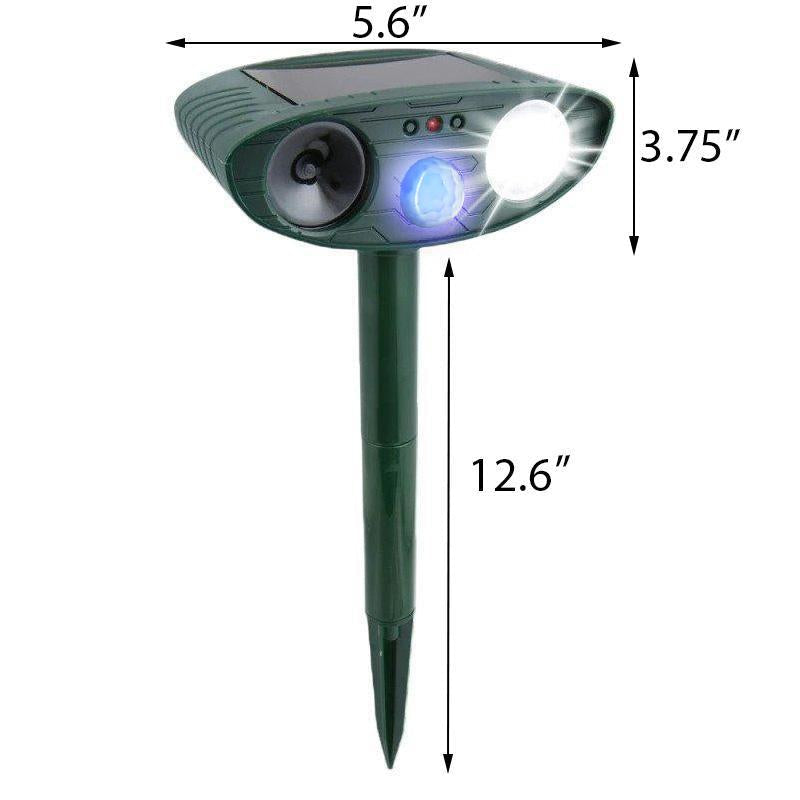Belro outdoor solar ultrasonic dog repeller showing solar panel and motion sensor for pest control in garden.