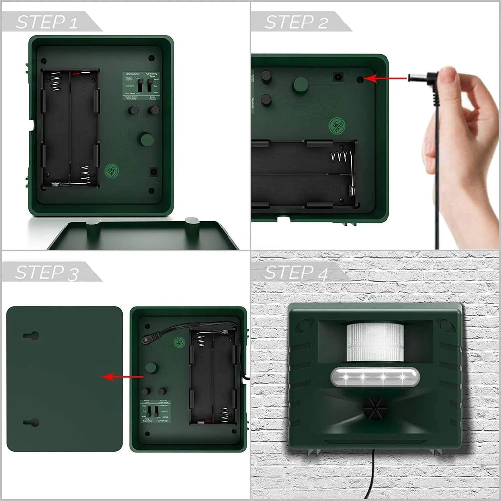 Belro ultrasonic bird repeller for woodpeckers, outdoor pest control device showing compact design and outdoor installation features.