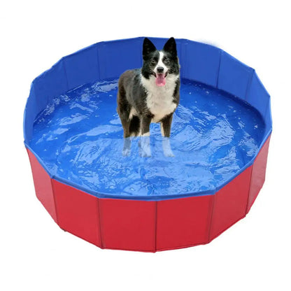 Belro foldable dog pool set up outdoors, made of durable material, perfect for pet cooling and play during warm weather.