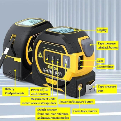 Belro 3-in-1 infrared laser tape measure showing digital display, laser emitter, and measuring tape in a tools and hardware setting.