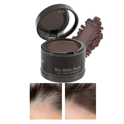 Belro Hair Root Concealer Powder showing a close-up of the powder in a container, designed to cover roots and enhance hair color.