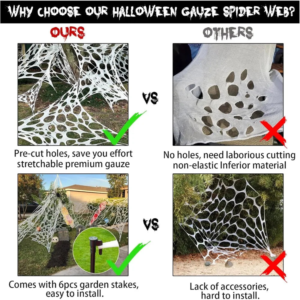 Belro Halloween giant spider web decoration with stakes for outdoor home and garden spooky Halloween decor.