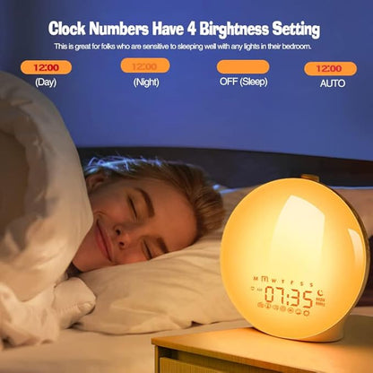 Belro Light Alarm Clock with nature sounds displaying a modern design and illuminated screen in a health and beauty setting.