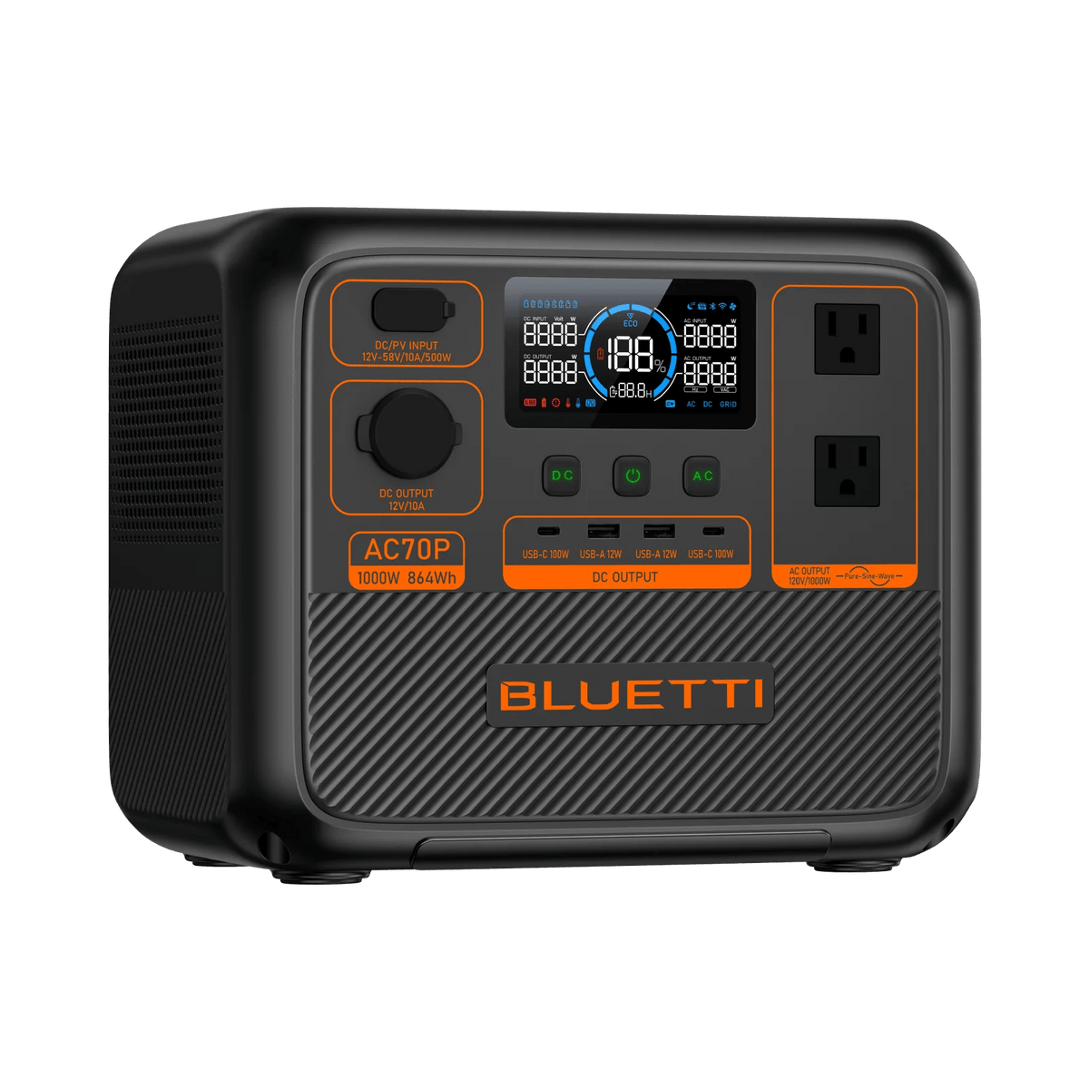Casavibeo BLUETTI AC70P portable power station with 1000W and 864Wh capacity, featuring multiple outlet ports and a compact design.