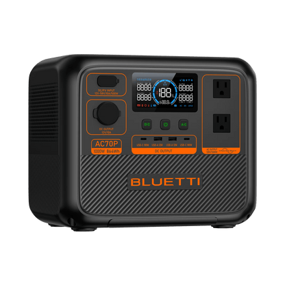 Casavibeo BLUETTI AC70P portable power station with 1000W and 864Wh capacity, featuring multiple outlet ports and a compact design.